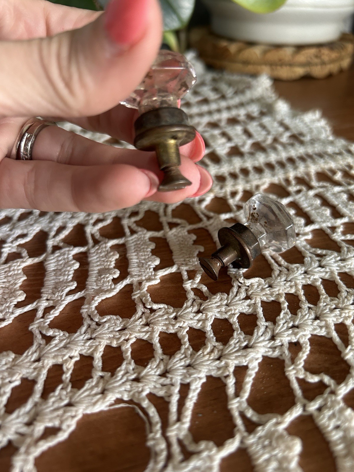 Vintage Clear Glass Drawer Knobs Set Of Two With Orginal Brass And Hardware
