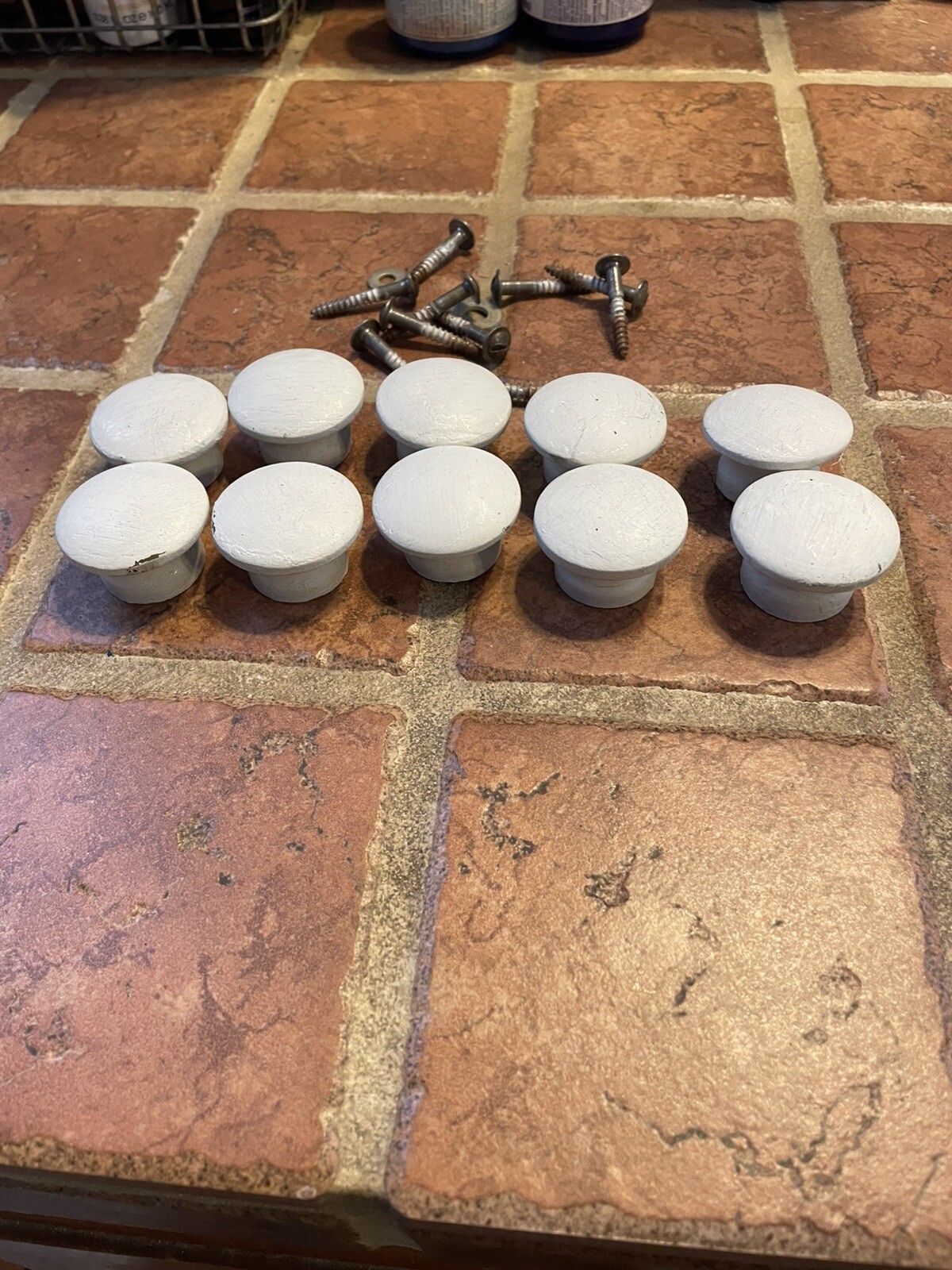 VIntage LOT of 10 Painted White Wood Cabinet Mushroom Knobs Drawer Pulls 1 1/2”