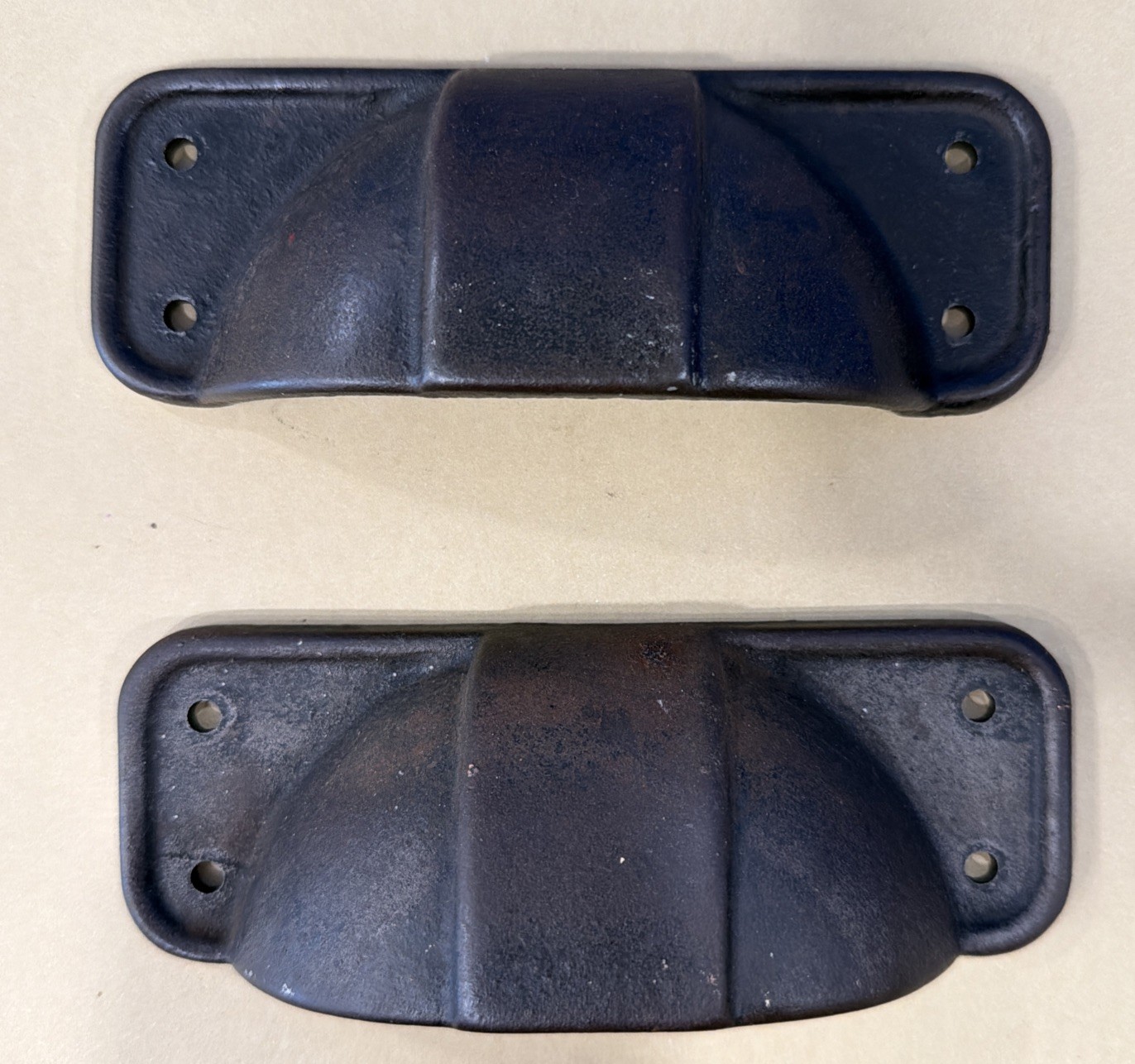 Set of 2 Cast Iron Bin Pulls Rustic Vtg Farm Black W/Rusty Brown Patina Heavy 6”