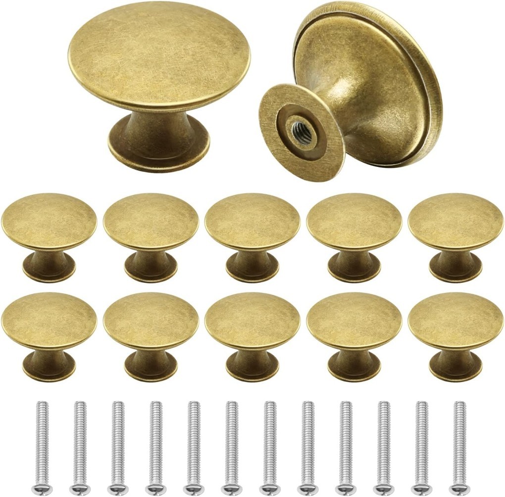 Vintage Bronze Knobs Set 12 Round Mushroom Drawer Pulls 1.18 Inch Diameter Gold