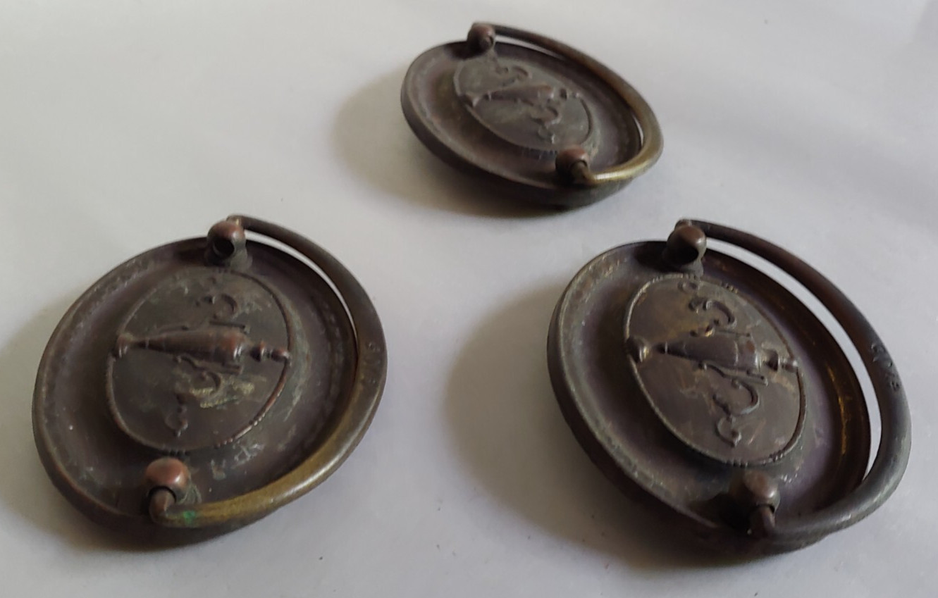 3 VTG/Antique Brass Drop Drawer Pull Oval Backplate Iron Drop Embossed Urn 1920s