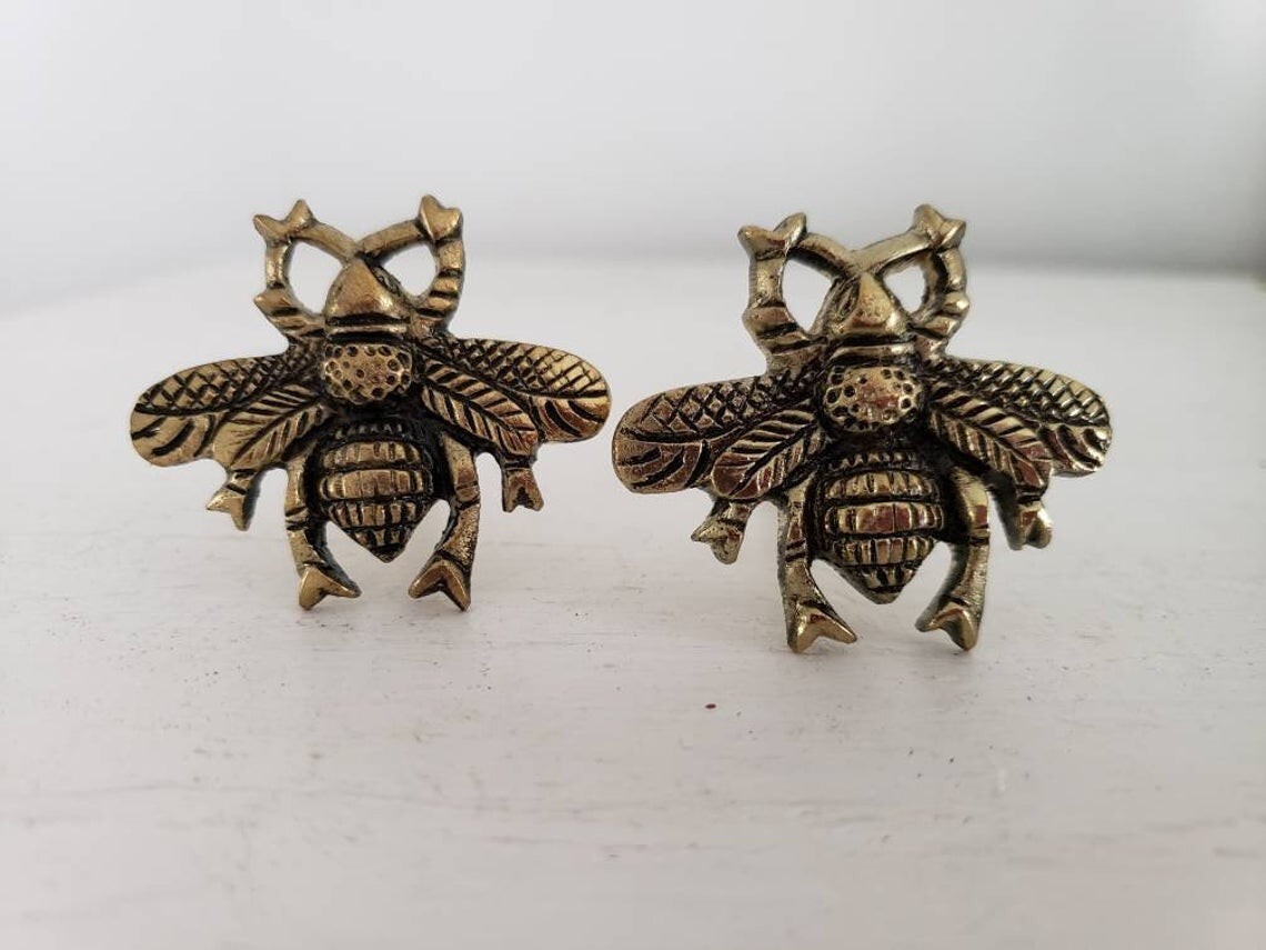 2; Antique-Gold Metal Drawer Pulls Handles Bee Vintage-Brass Cabinet Door Knobs