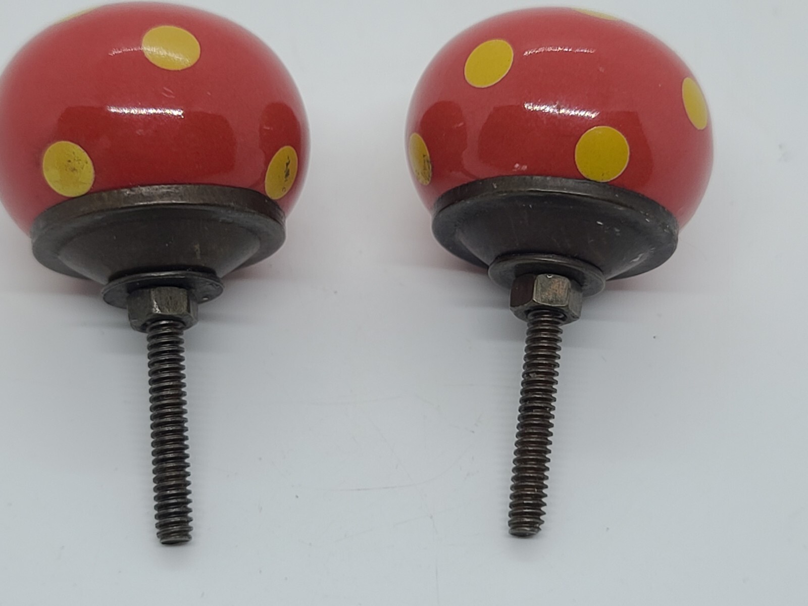 Antique Pair Red Round Porcelain with Yellow Spots Drawer Cabinet Pull Handles