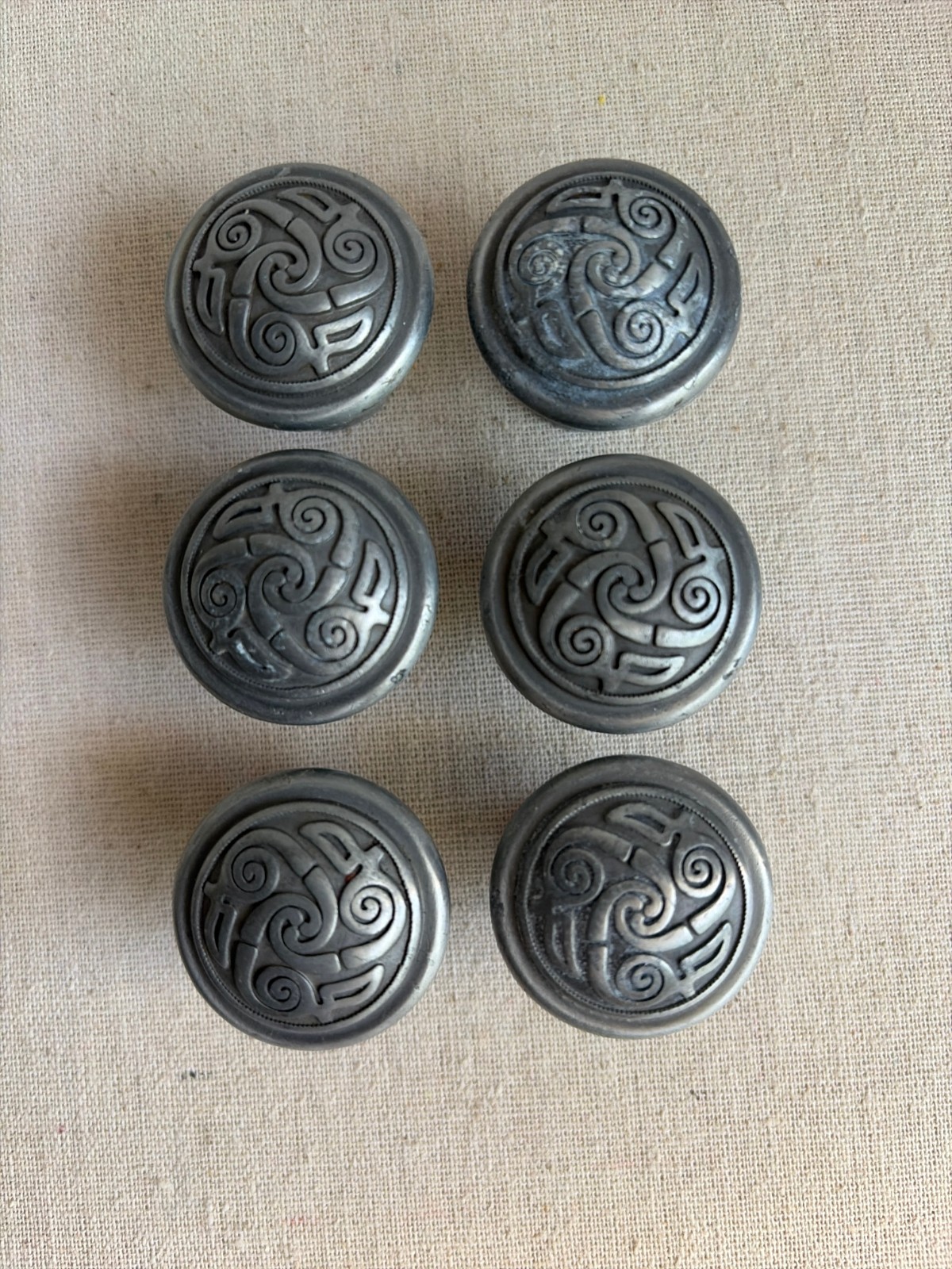 Set of 6 Celtic Triskele Drawer or Cabinet Pulls Lindisfarne Spiral Pewter Finis
