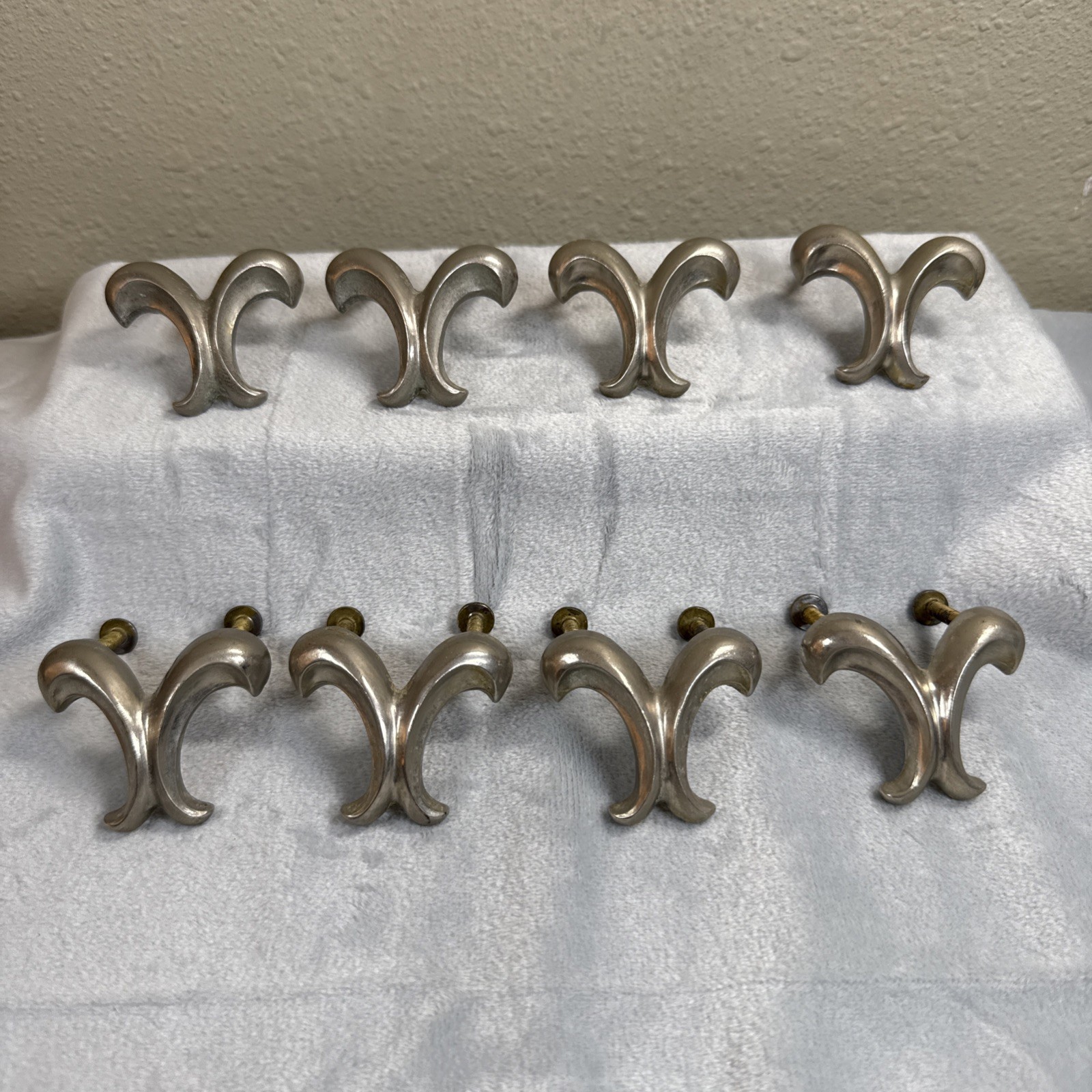 VTG Keeler Brass Co Double Scroll Cabinet Drawer Knob Pulls Silver Tone Set Of 8