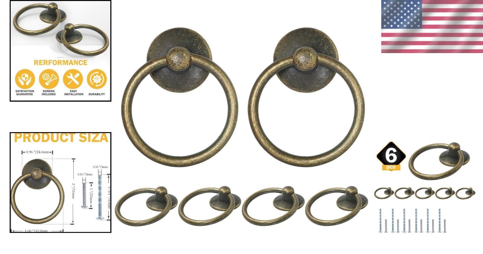 Durable Vintage-Style 6pcs Antique Brass Drawer Pulls, Easy Install Knobs