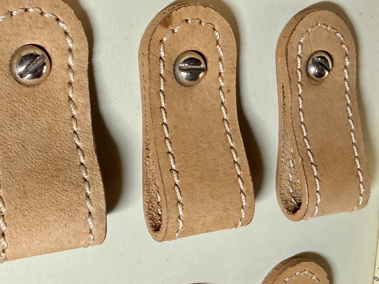 Set of 6 Beige Leather Drawer Pulls Made in India Metal Hardware