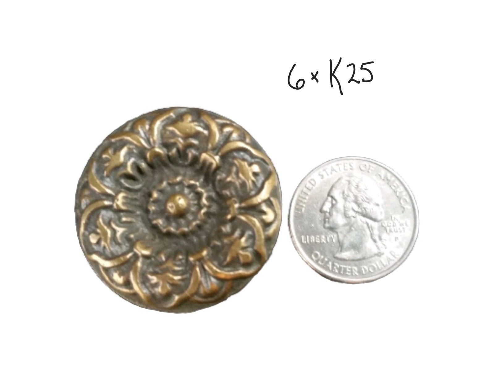 6 x Antique Vict. Style Solid Brass ROUND KNOBS Ornate FLORAL 1-1/4″ dia. #K25