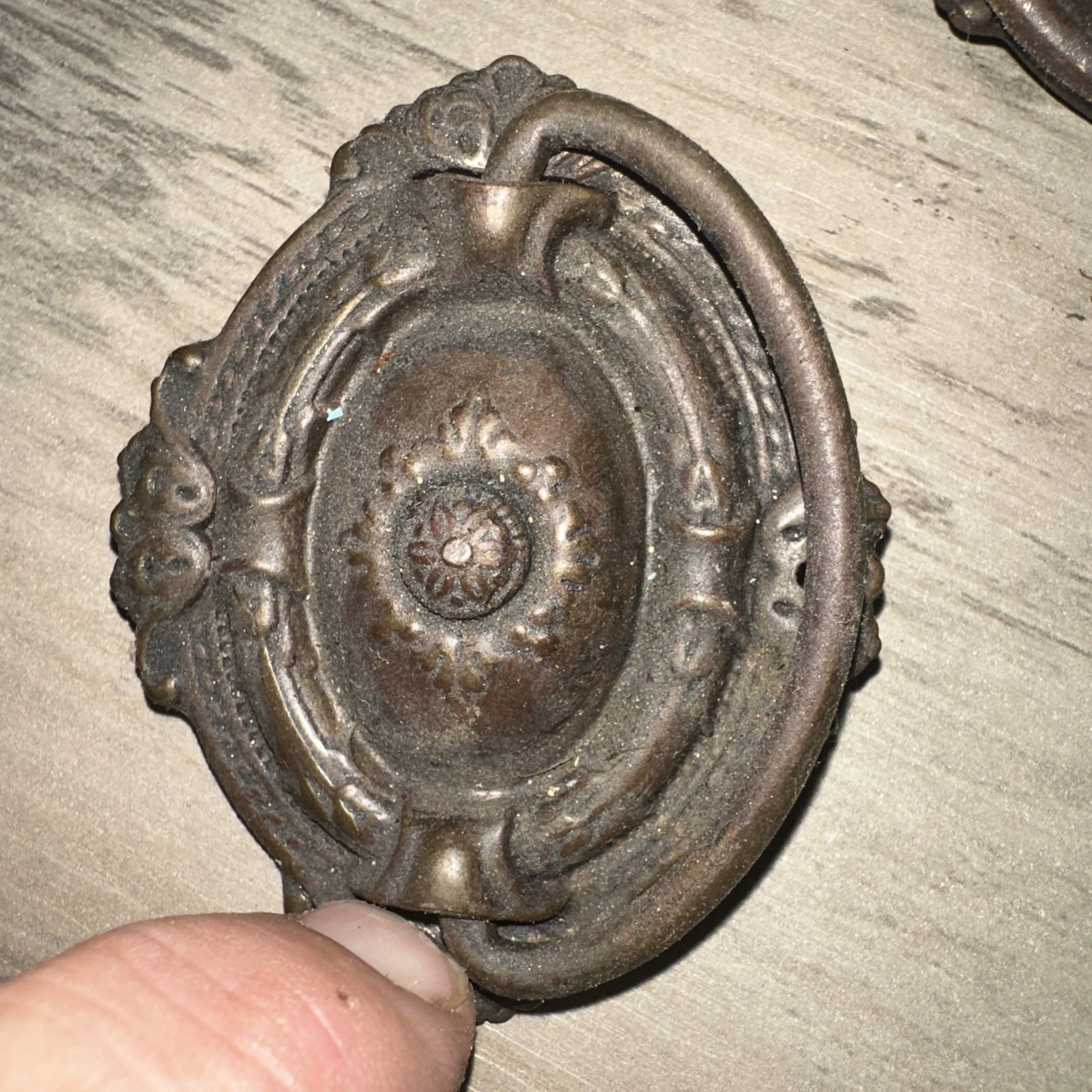 3 Antique Drop Handle Drawer Pulls. Beautiful Details & Patina!