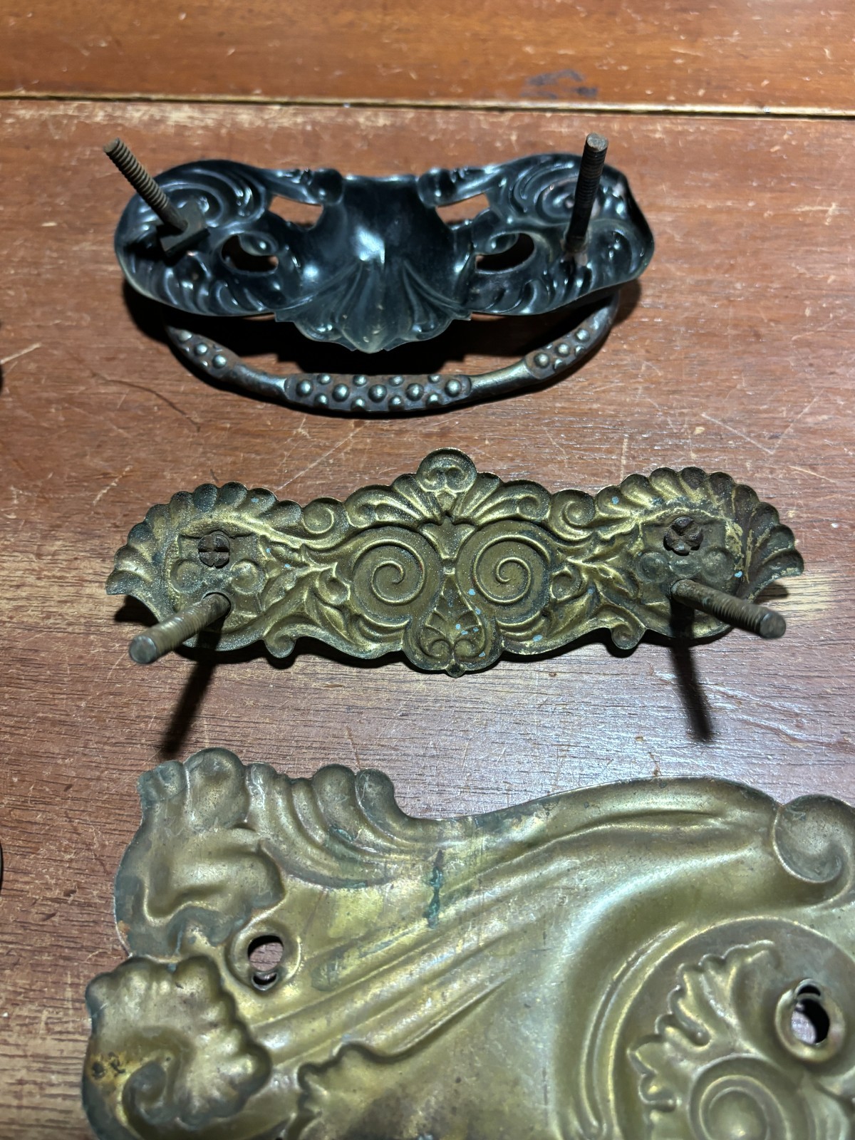 Lot of 9 Mixed Ornate Vintage Pressed Metal Drawer Backplates one with Pull