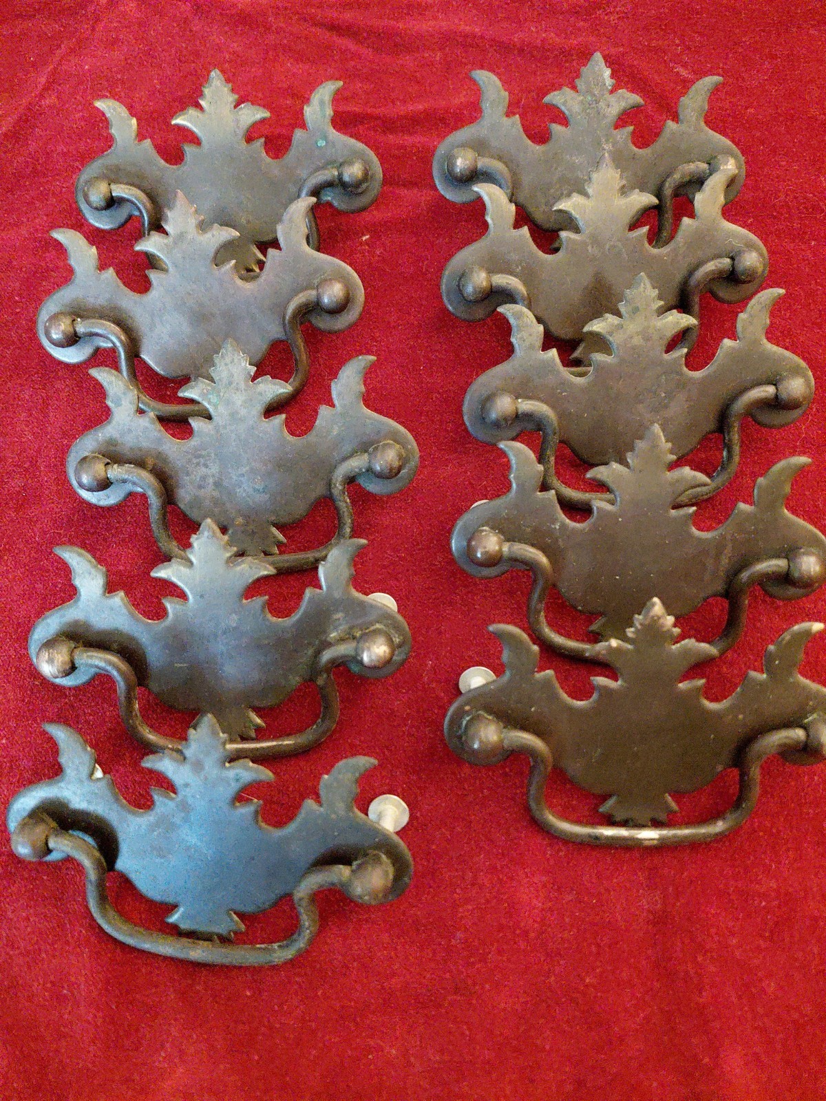 Lot of 10 Chippendale Batwing Brass Drawer Pulls with Handles & Screws W/ Patina