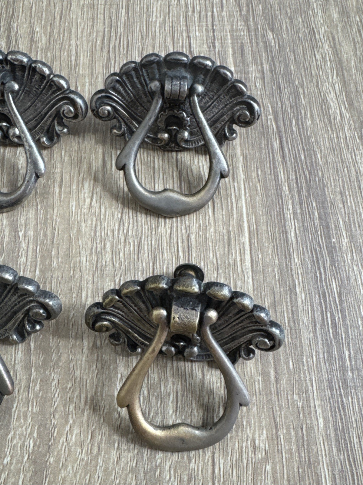(6) Nickel / Brass Antique Hardware Drawer Pull Victorian Brass Drop Ring Set
