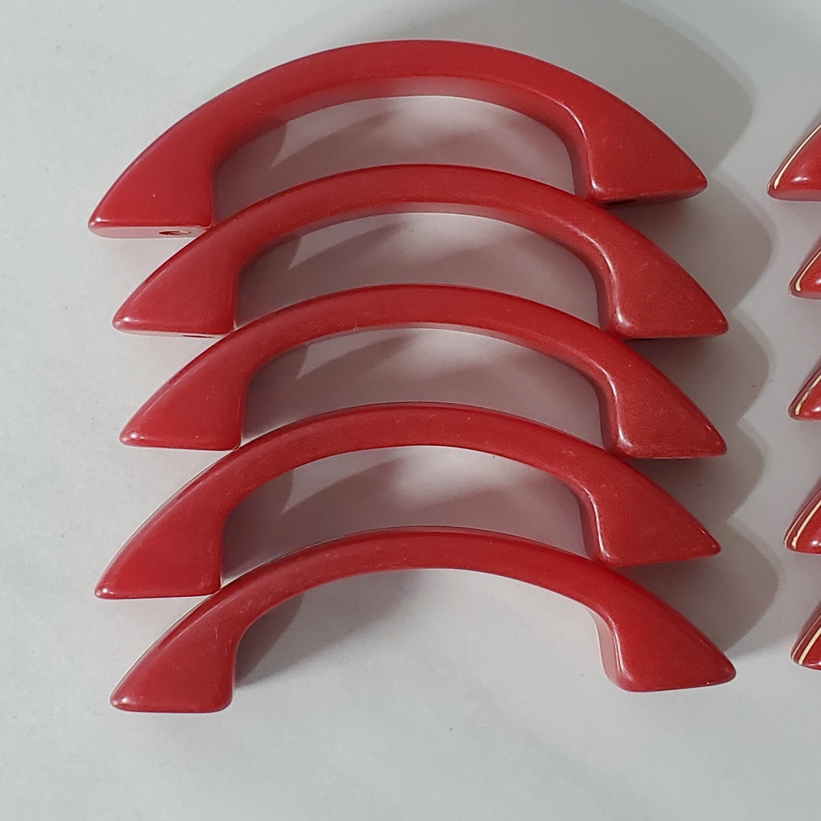 Bakelite Cherry Red White Stripe Art Deco Drawer Pull Cabinet Handle Set of 10
