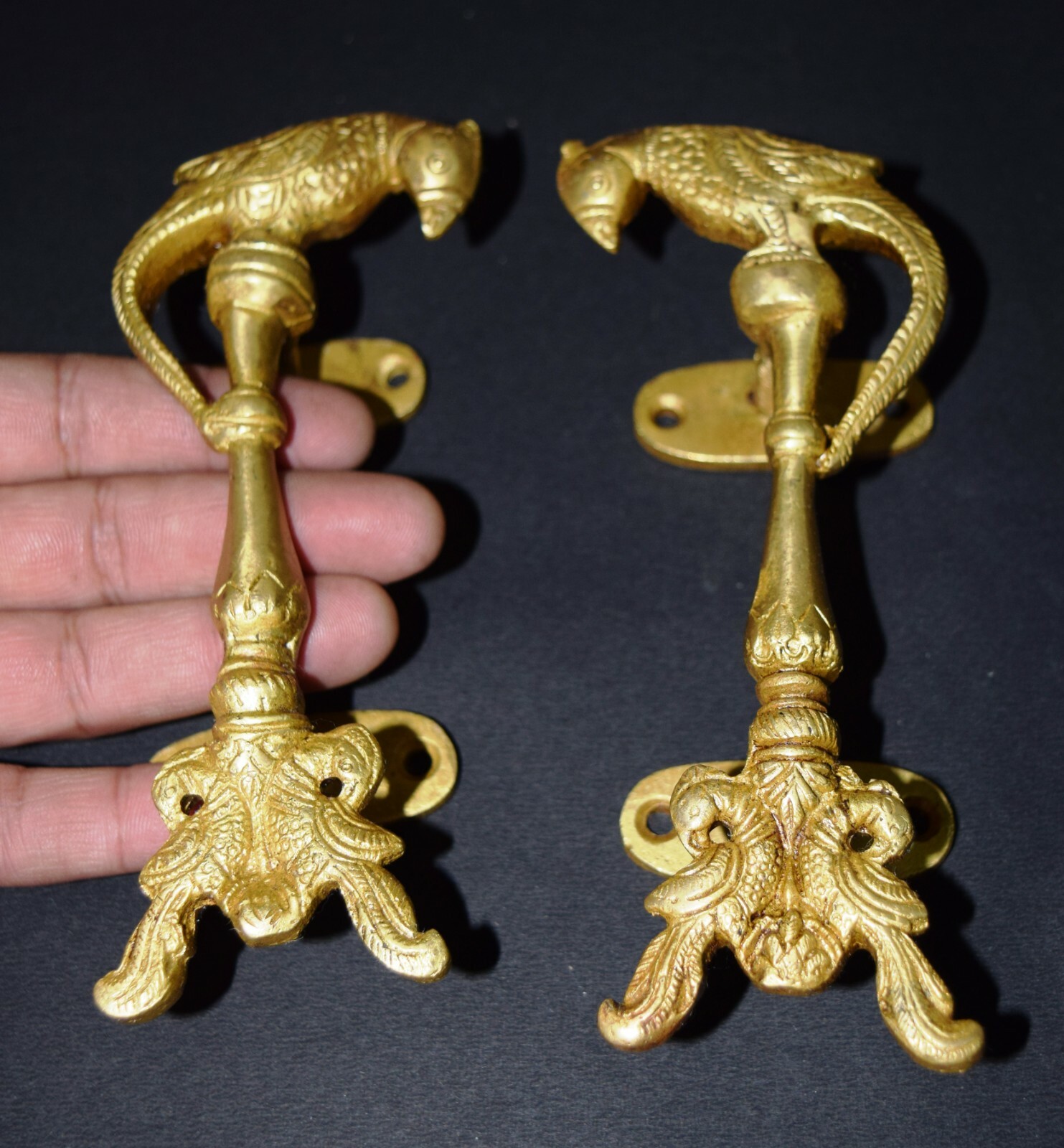 Peacock Door Handle Pair Brass Antique Style Almirah Pull With Dual Bird EK500