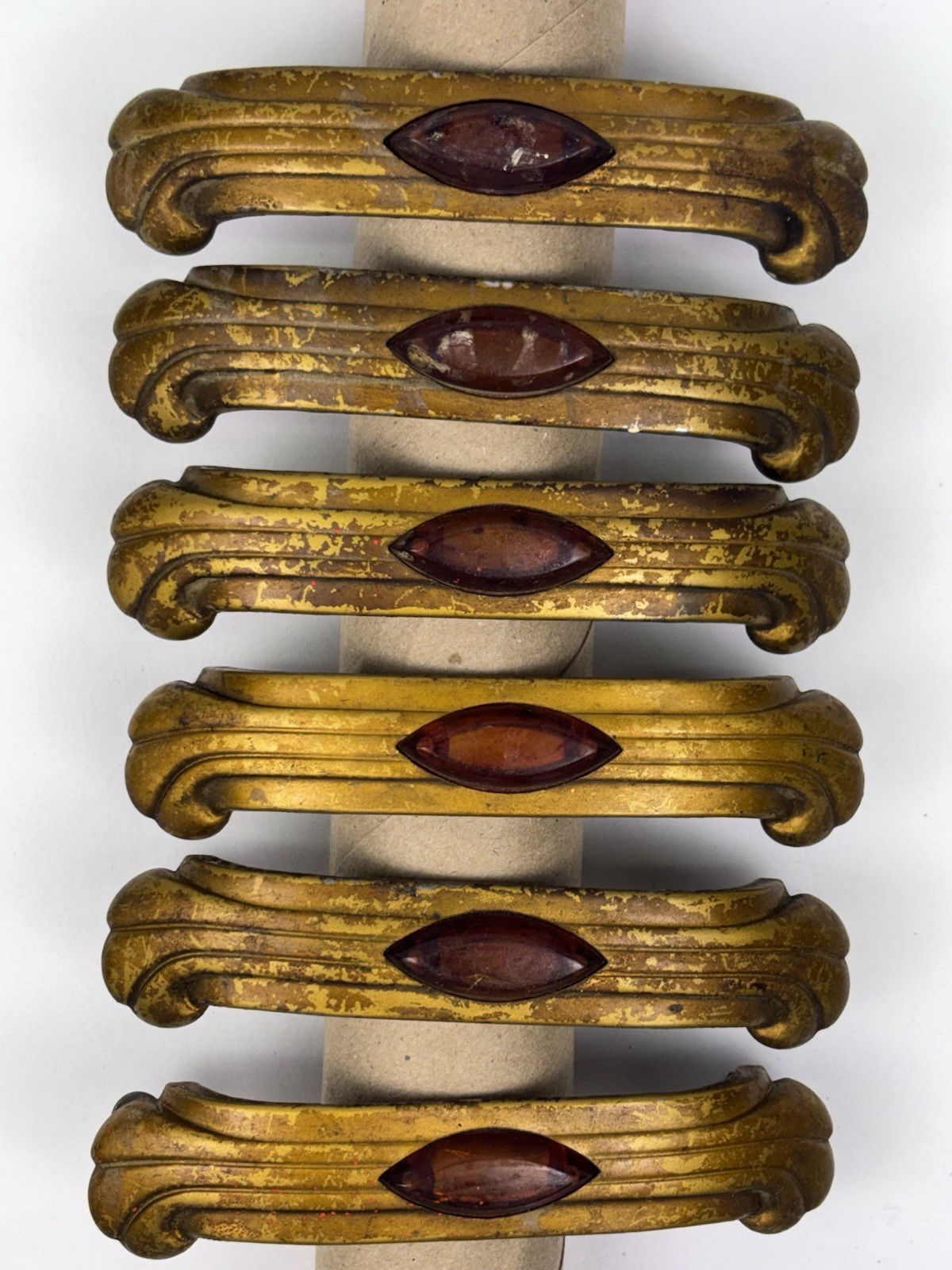 Vintage Art Deco Drawer Pulls Set of 6 Amber Plastic Inlay Waterfall Style