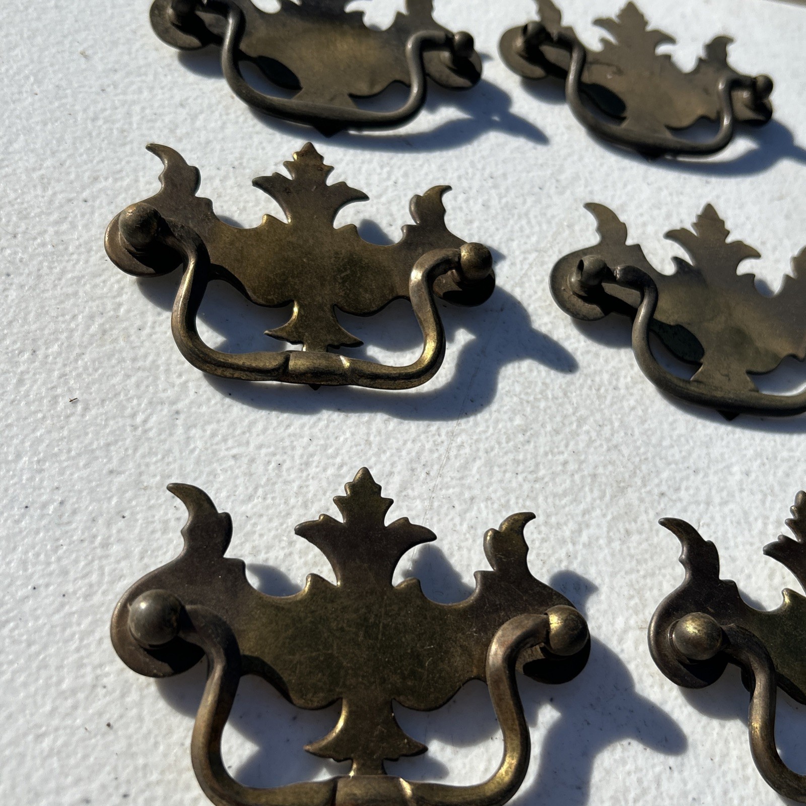 Lot Of 7 Flat Bat Drop Bail Pull Handle Solid Dark Aged Brass 3 3/4” Vintage