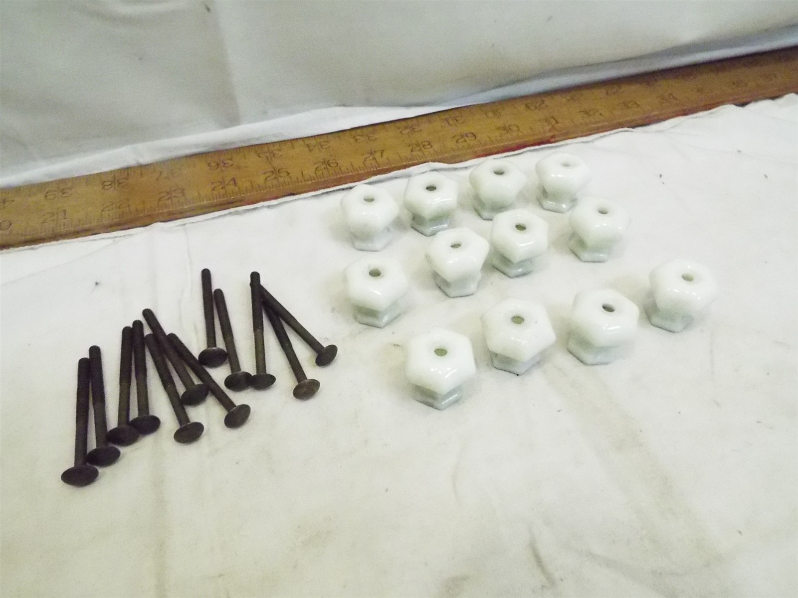 12 Vintage Milk Glass Drawer Knob Pulls Hex Shape Hardware Cabinet Furniture