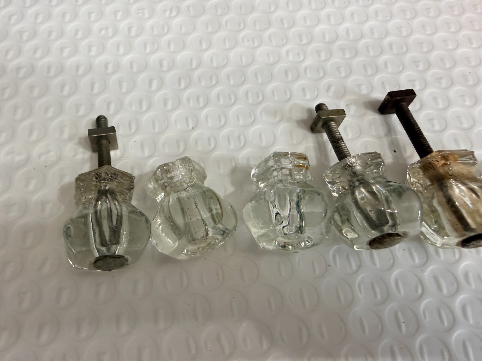 6 small Vintage Clear Glass Cabinet Pulls Knobs Antique Hexagon