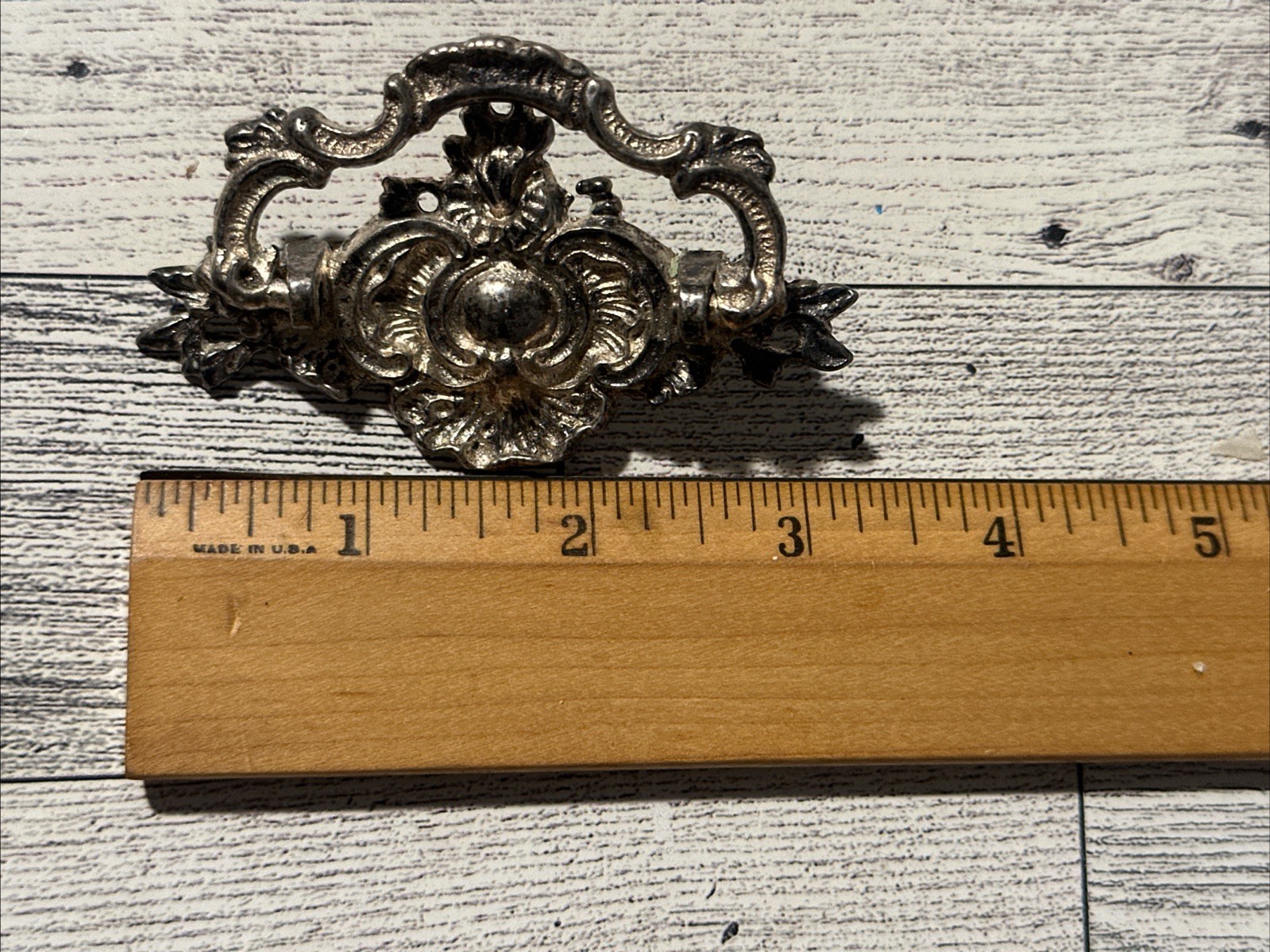 Vintage Ornate Solid Brass Antiqued Silver Drop Bail Drawer Pull Victorian Style