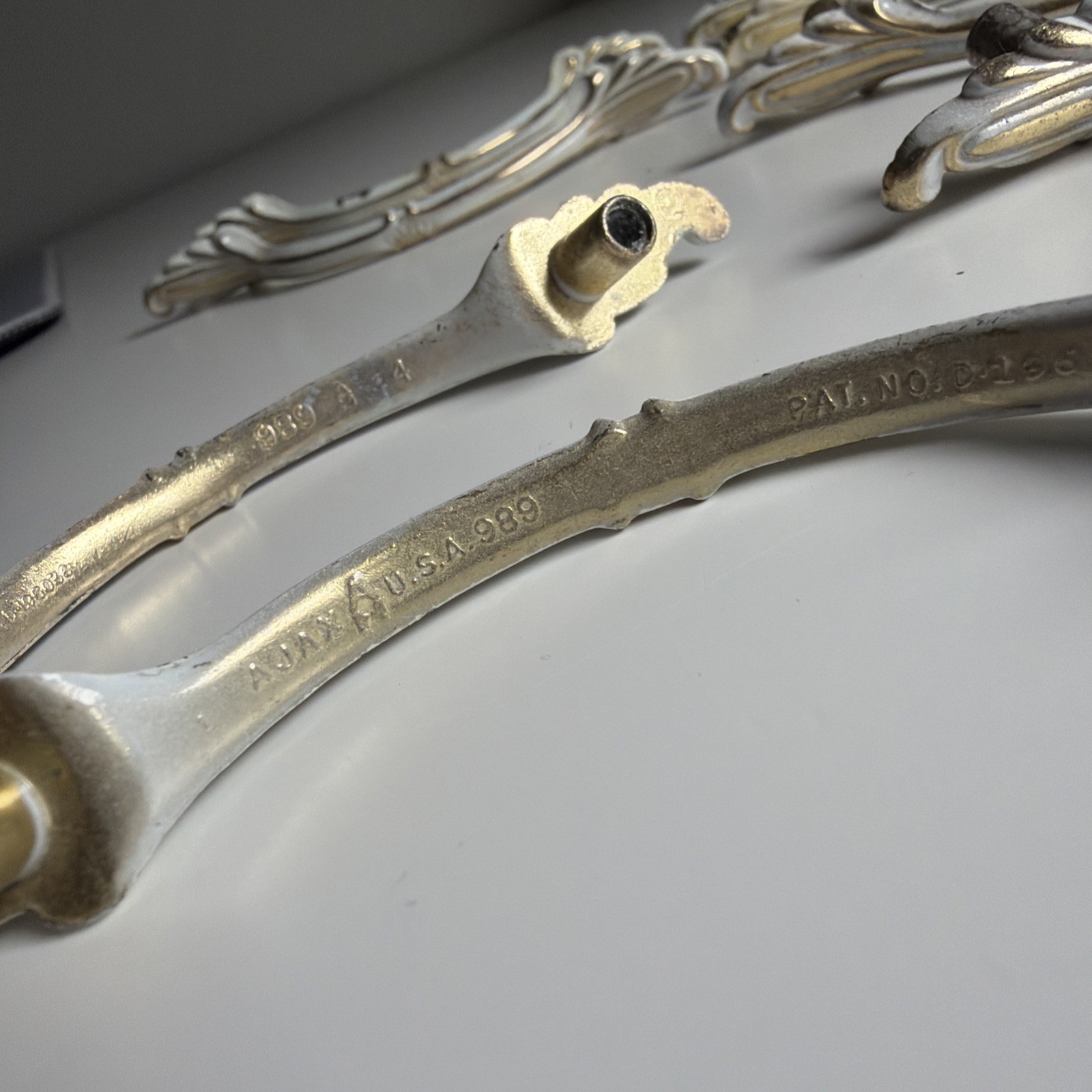 Vintage AJAX 989 8 Handles Cabinet Drawer Door Pull Gold White 3″ OC French Pro