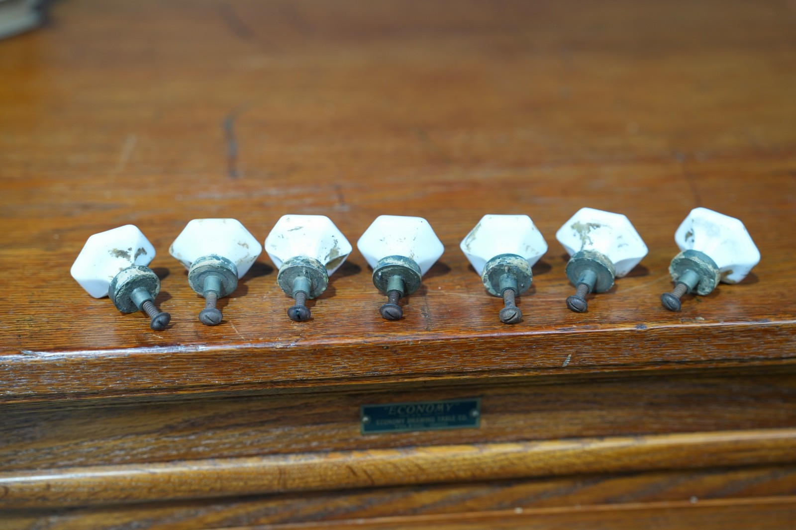 Vintage Dental Medical Cabinet Milk Glass Drawer Knob Pulls Hex Shape Hardware