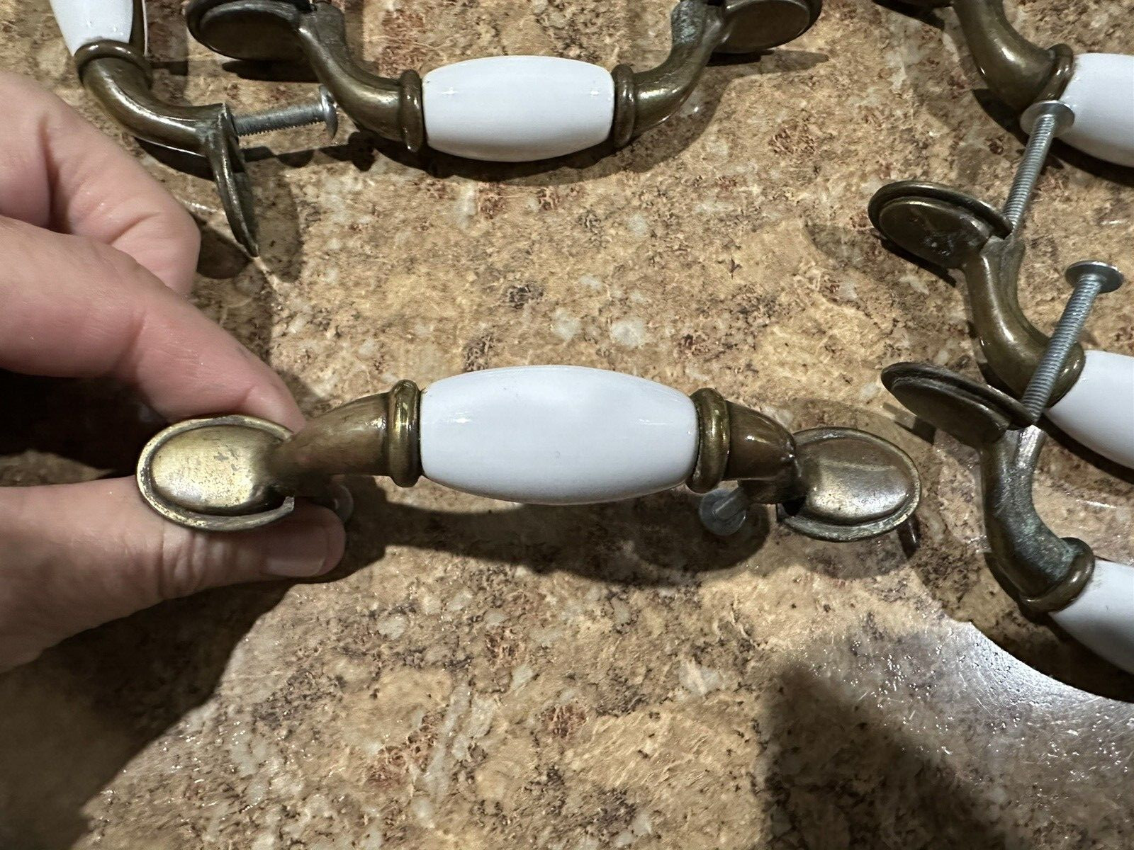 Vintage Drawer Pulls Handles Cupboard Door SET of 13 Ceramic porcelain & Brass