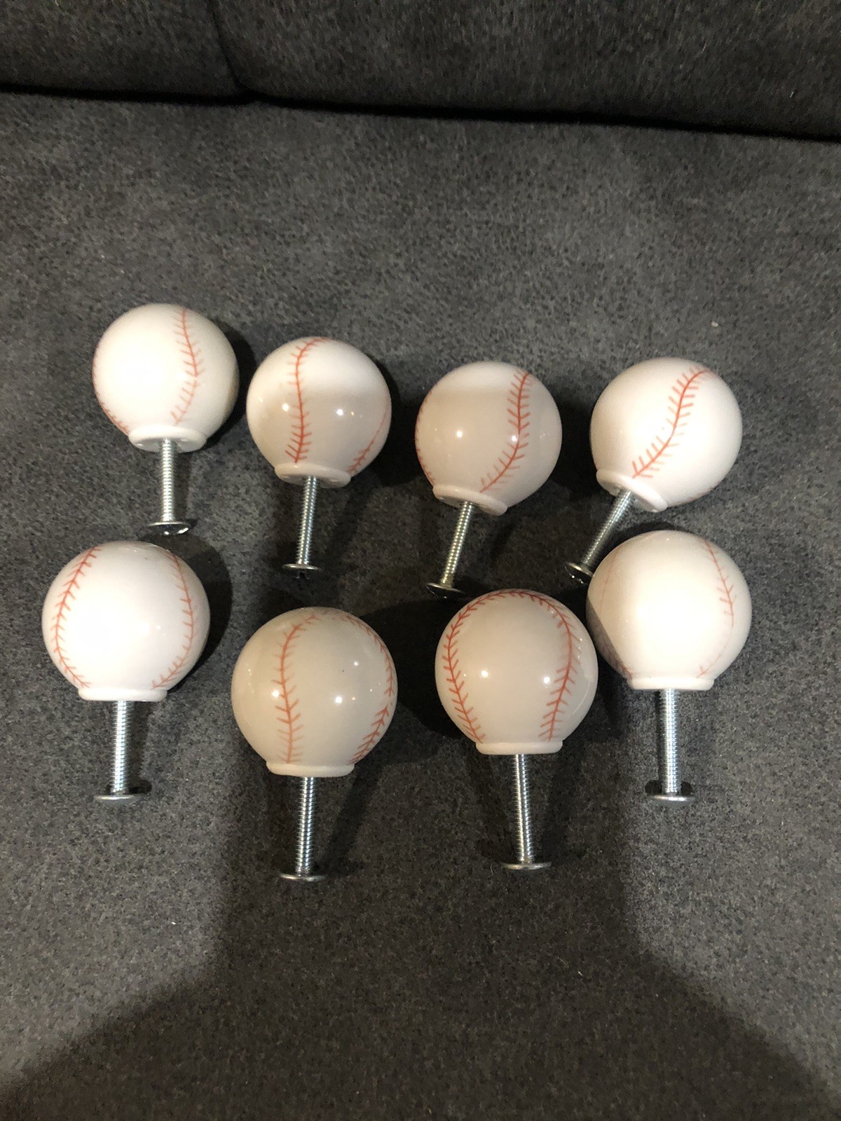 Lot of 8 Baseball Shaped Plastic Dresser Drawer Pulls With Screws – Nice Shape