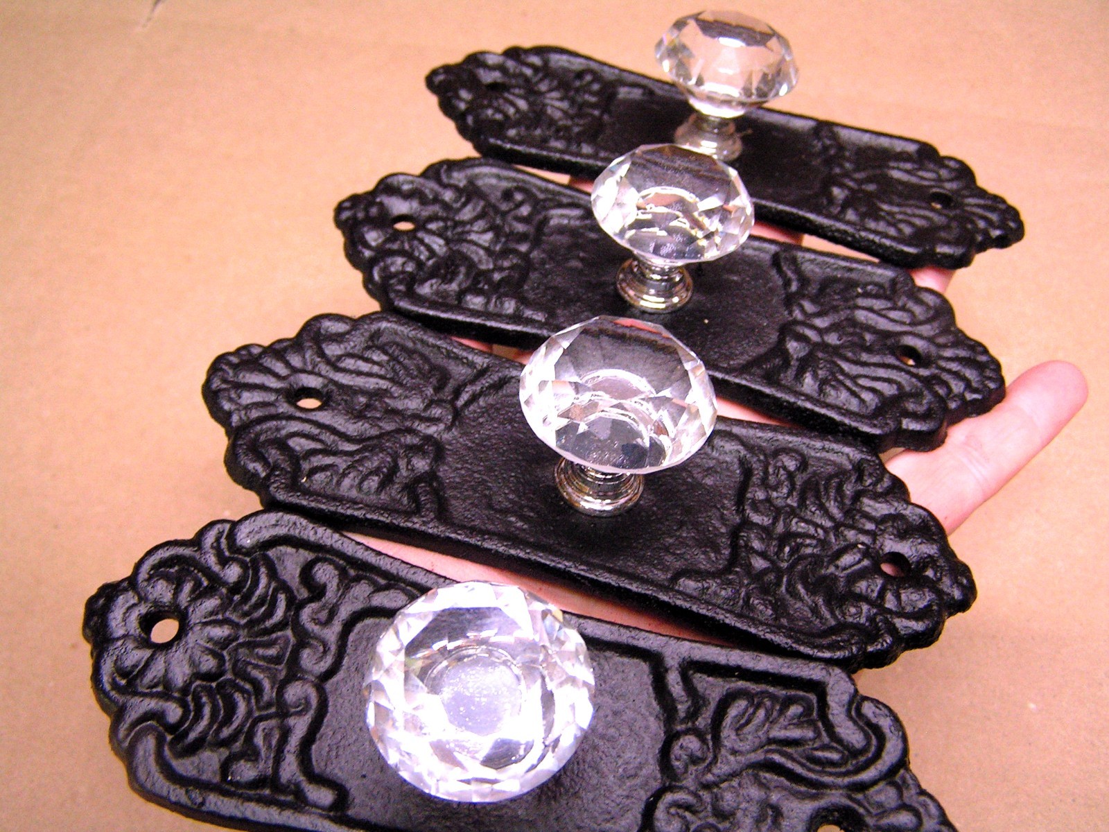 Four Glass Crystal Style Knobs, Black Cast Iron Backplate, Old Style Hardware