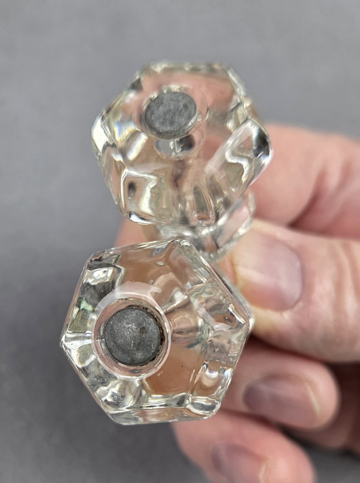 4 Vintage Clear Glass Drawer Pull Knobs Unmatched Sets 2 Hexagonal & 2 Decagonal