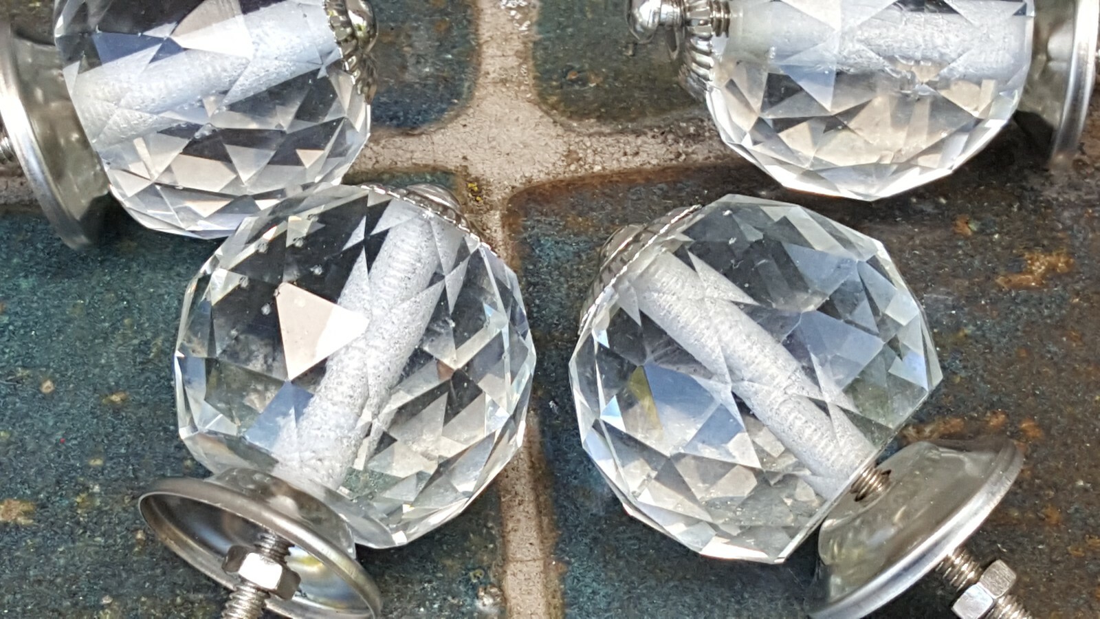 6 FACETED CUT GLASS DRAWER PULLS CLEAR MATCHING LARGE 1 3/4″ WIDE BALL