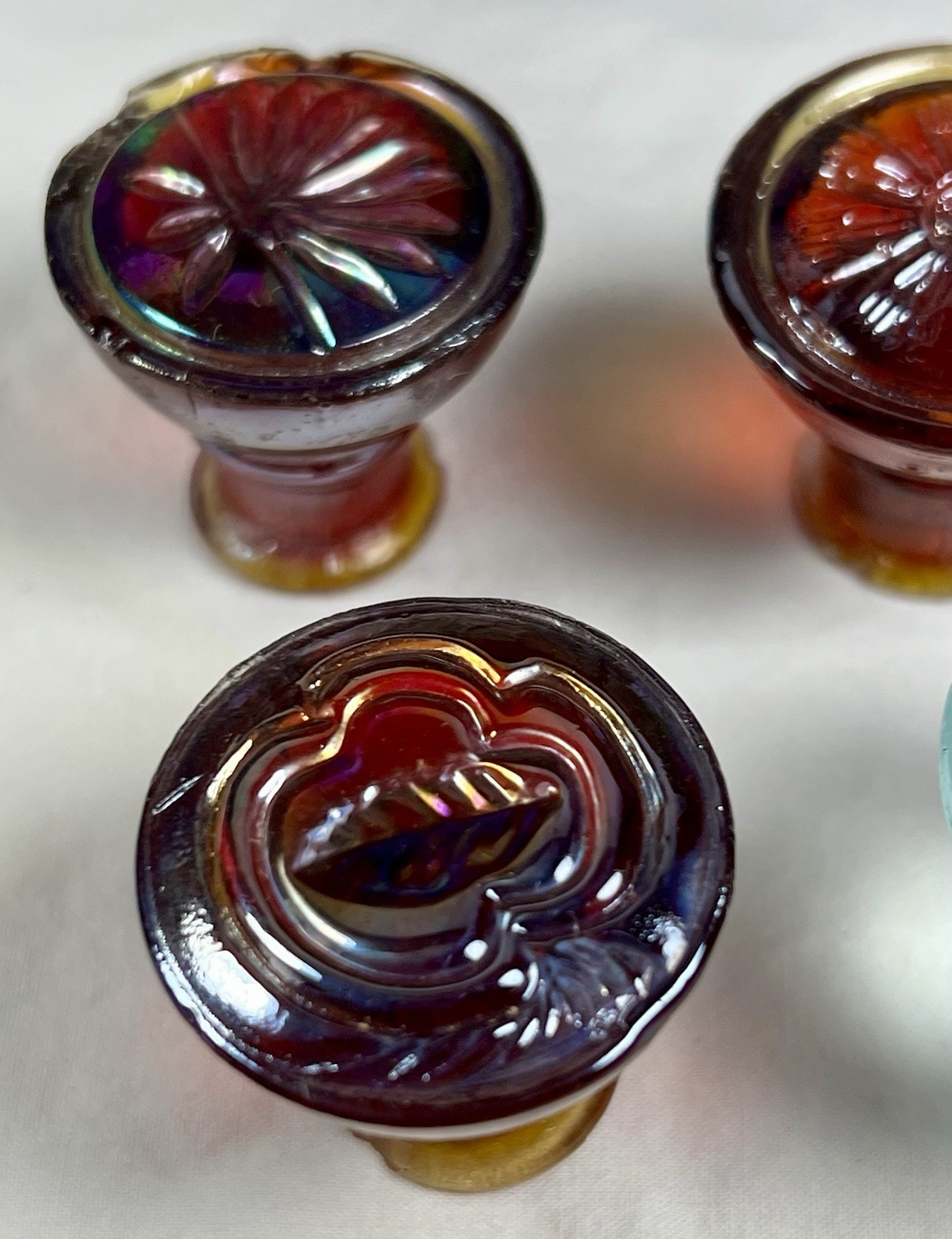 Vintage Glass Cabinet Knobs, 3 reddish Orange, One Greenish Clear,1 1/4 Inch