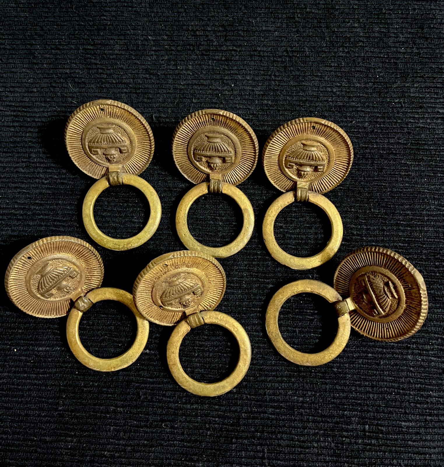 ⭐️ Antique Drawer Pulls Hardware Ornate Round Deco Ring Pulls Lot/Set Of 6 ⭐️