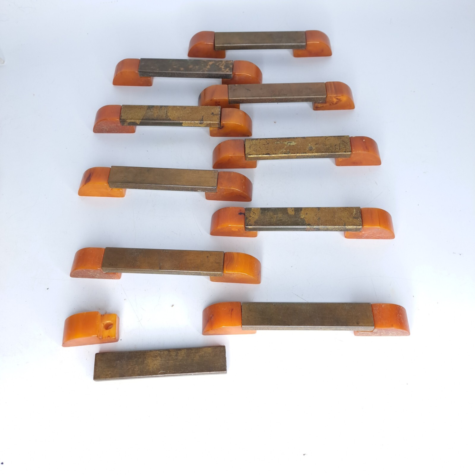 9 Antique ART DECO Butterscotch Bakelite Brass Plated Bar Drawer Pulls Reclaimed