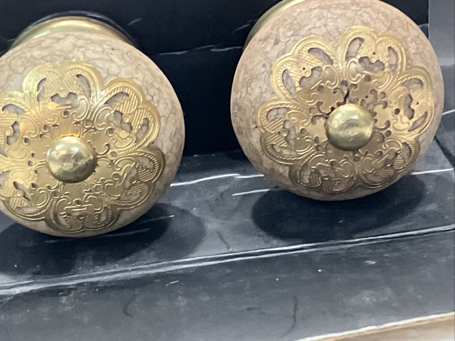Set of 4 Vintage Fake Cork Porcelain Drawer Knobs With Floral Design brass