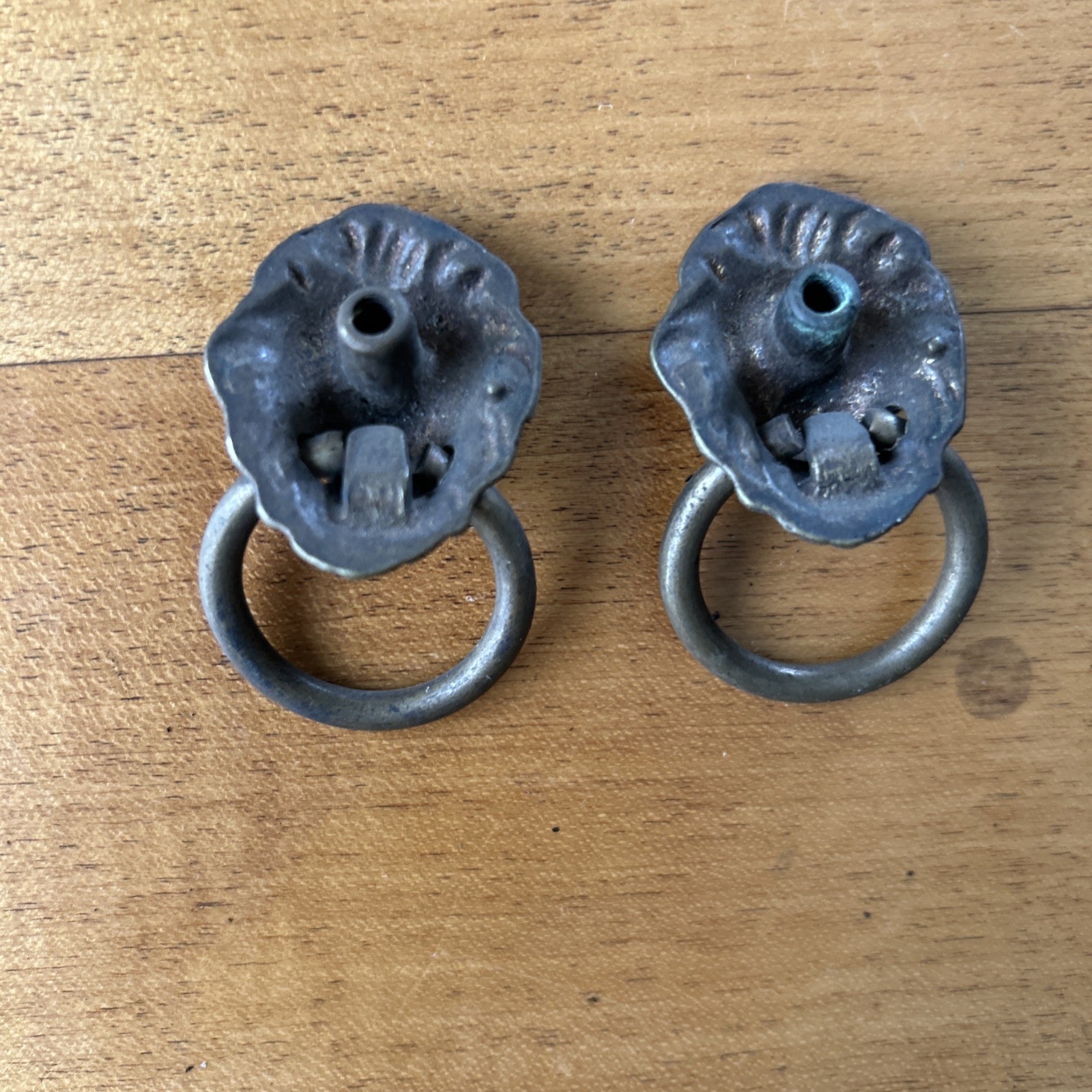 2 Antique Brass Lion Head Drop Ring Furniture Pulls 1” Back Plate