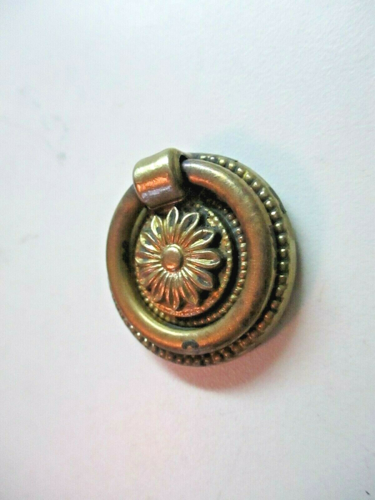 Solid Cast Brass 1850s Floral Drop Ring Pull Handle Flower 1-1/4″ Round Antique