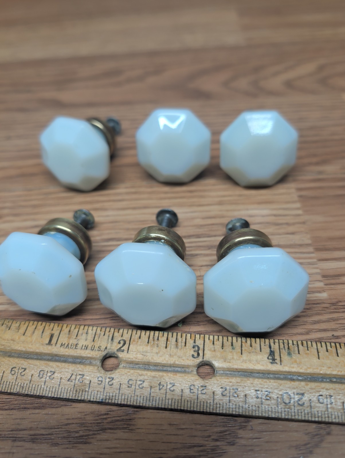 Vintage Dental Medical Cabinet Milk Glass Drawer Knob Pulls Hex Shape W/Hardware