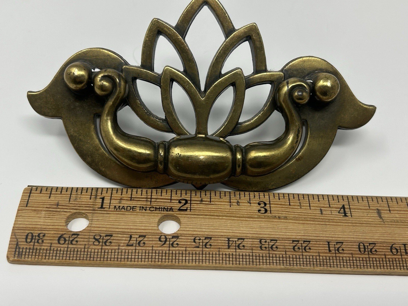 Vintage Chippendale Lotus Style Brass Drawer Pull Bail Handle Gold Traditional