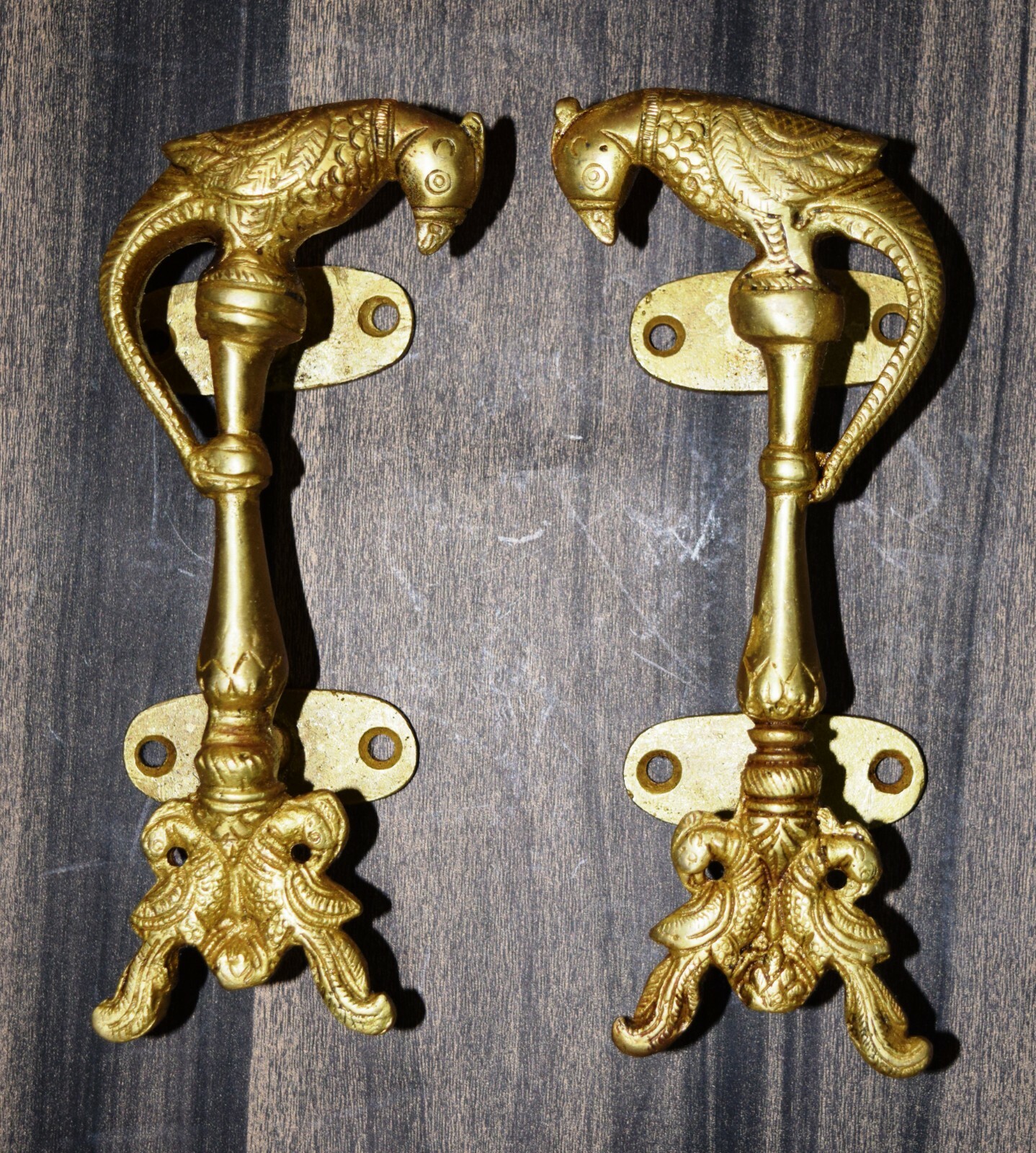 Peacock Door Handle Pair Brass Antique Style Almirah Pull With Dual Bird EK500