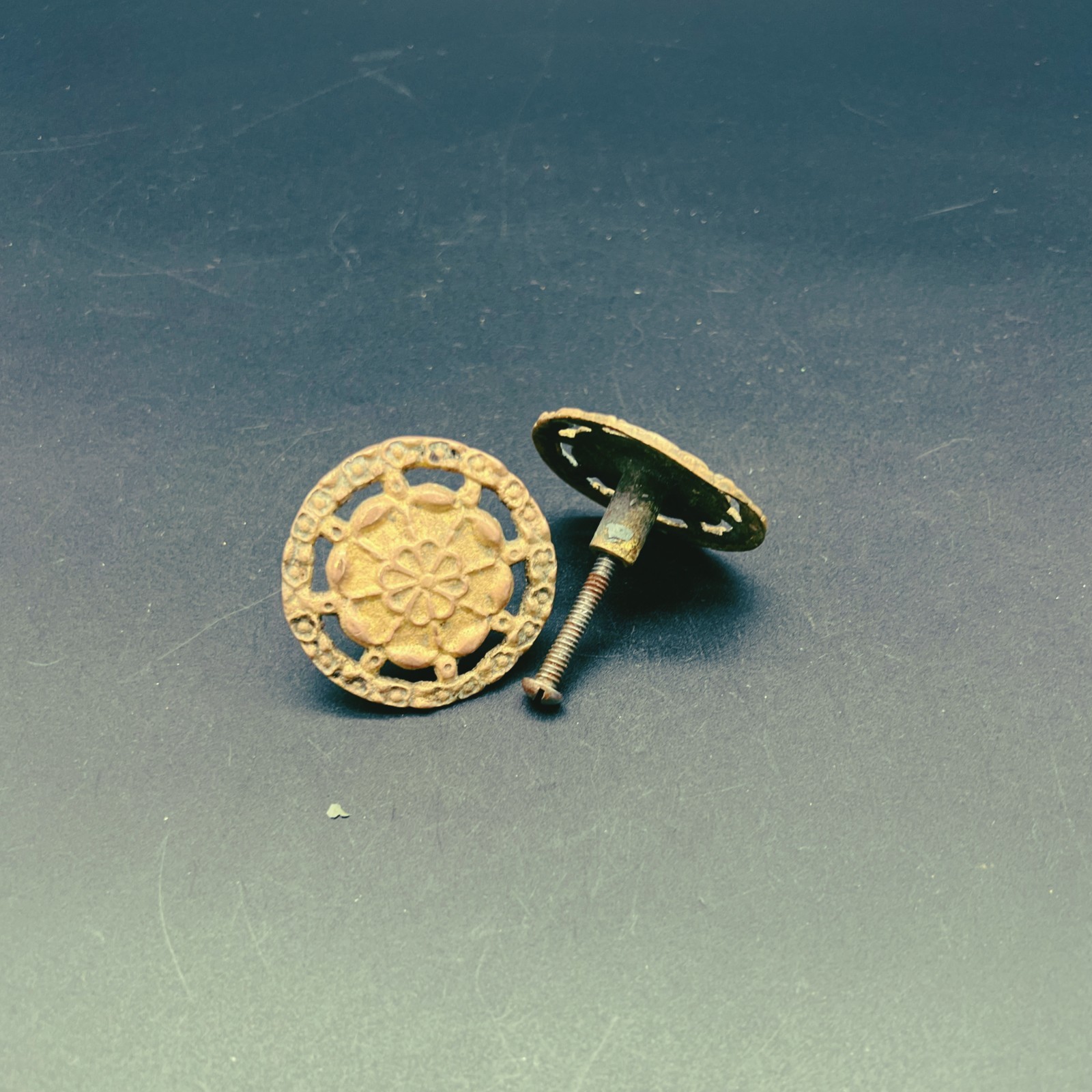 Vintage Decorative Floral Motif Brass Cabinet Knobs 2″ Diameter Set of Two