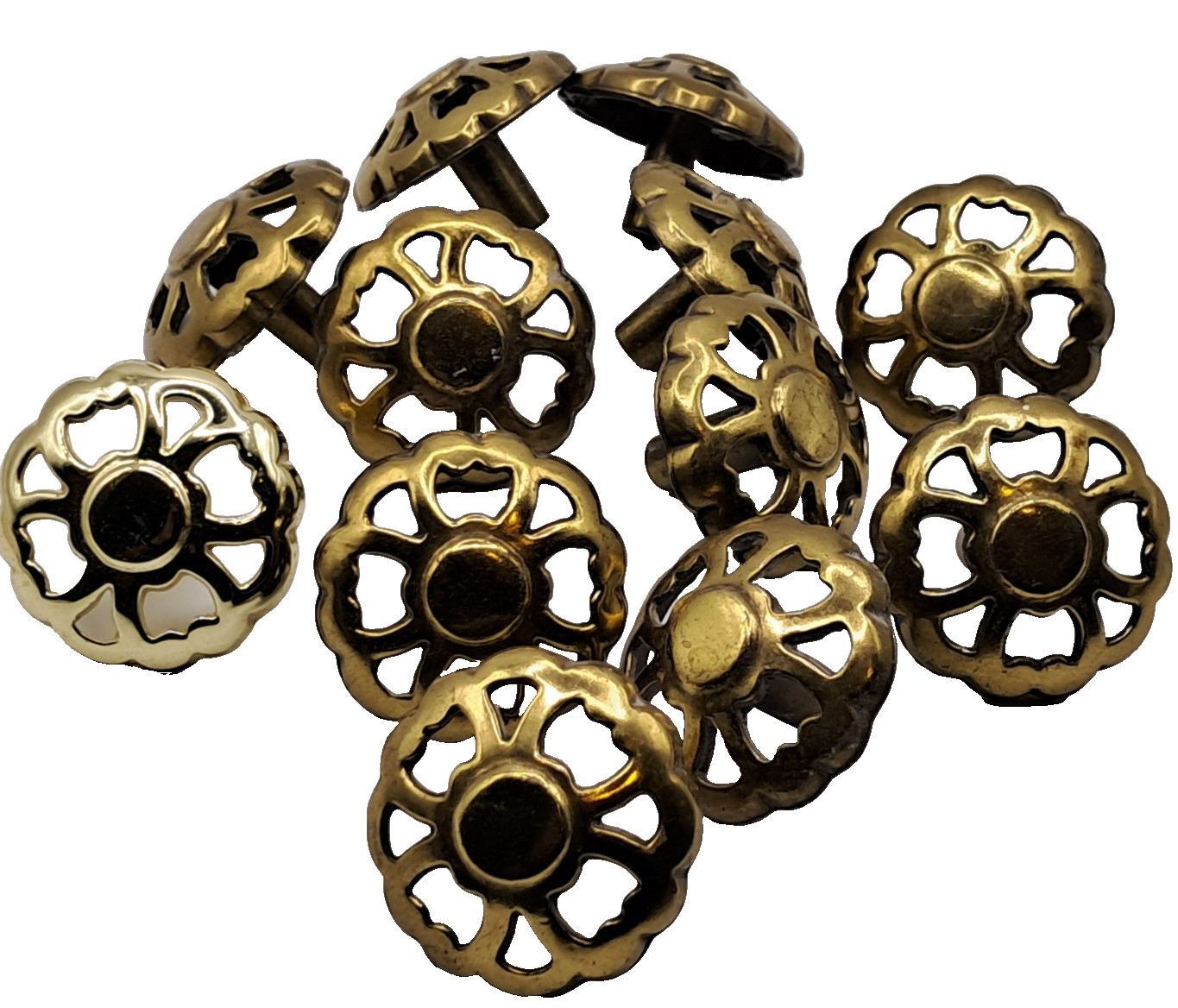 12 Vintage Drawer Knob Ornate Floral Brass Tone Floral Cut-Out Round 1.75″