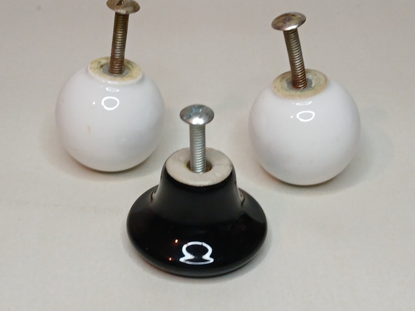 Vintage Round White & Black Porcelain Cabinet Drawer Pulls Lot Of 3 Knobs