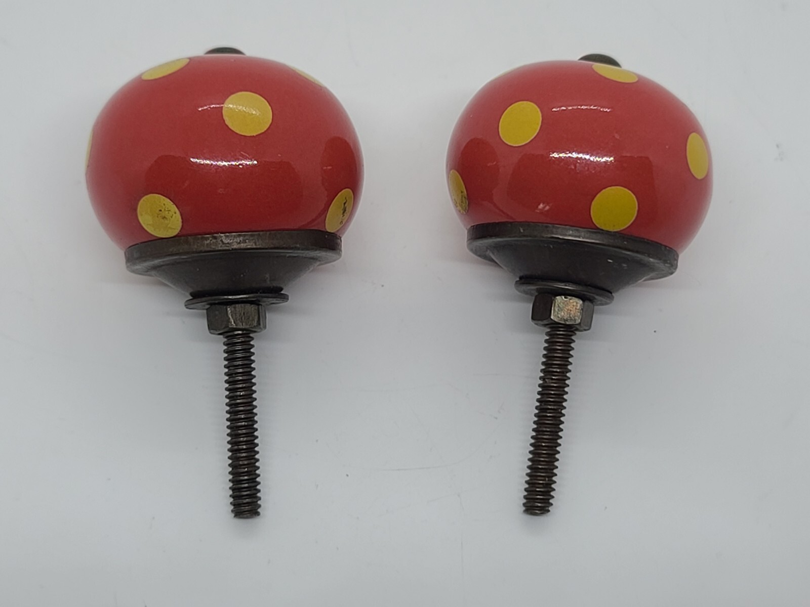 Antique Pair Red Round Porcelain with Yellow Spots Drawer Cabinet Pull Handles