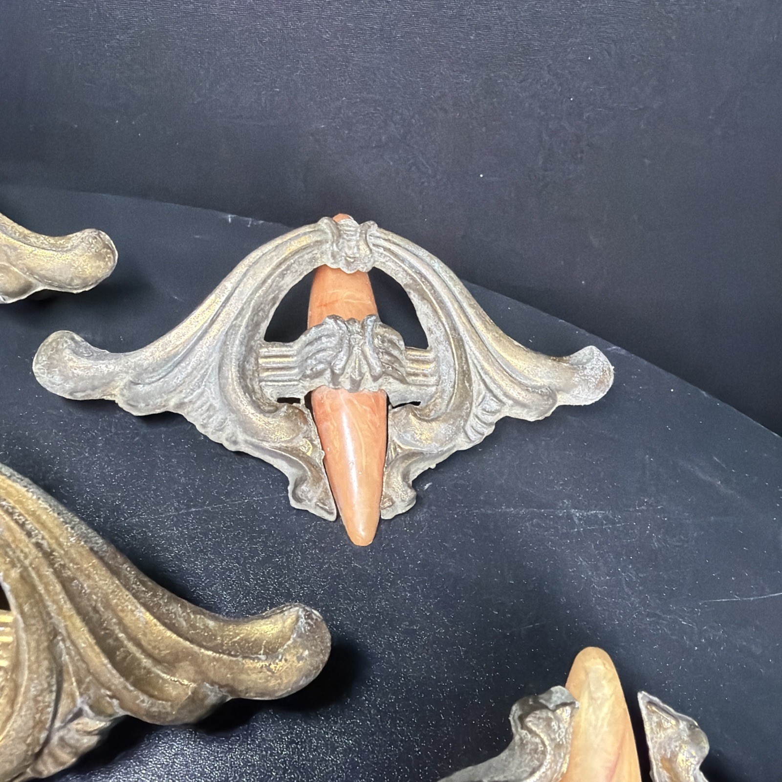 VTG Lot 10 Art Deco Drawer Waterfall Handles Pulls Orange Marble Bakelite Brass