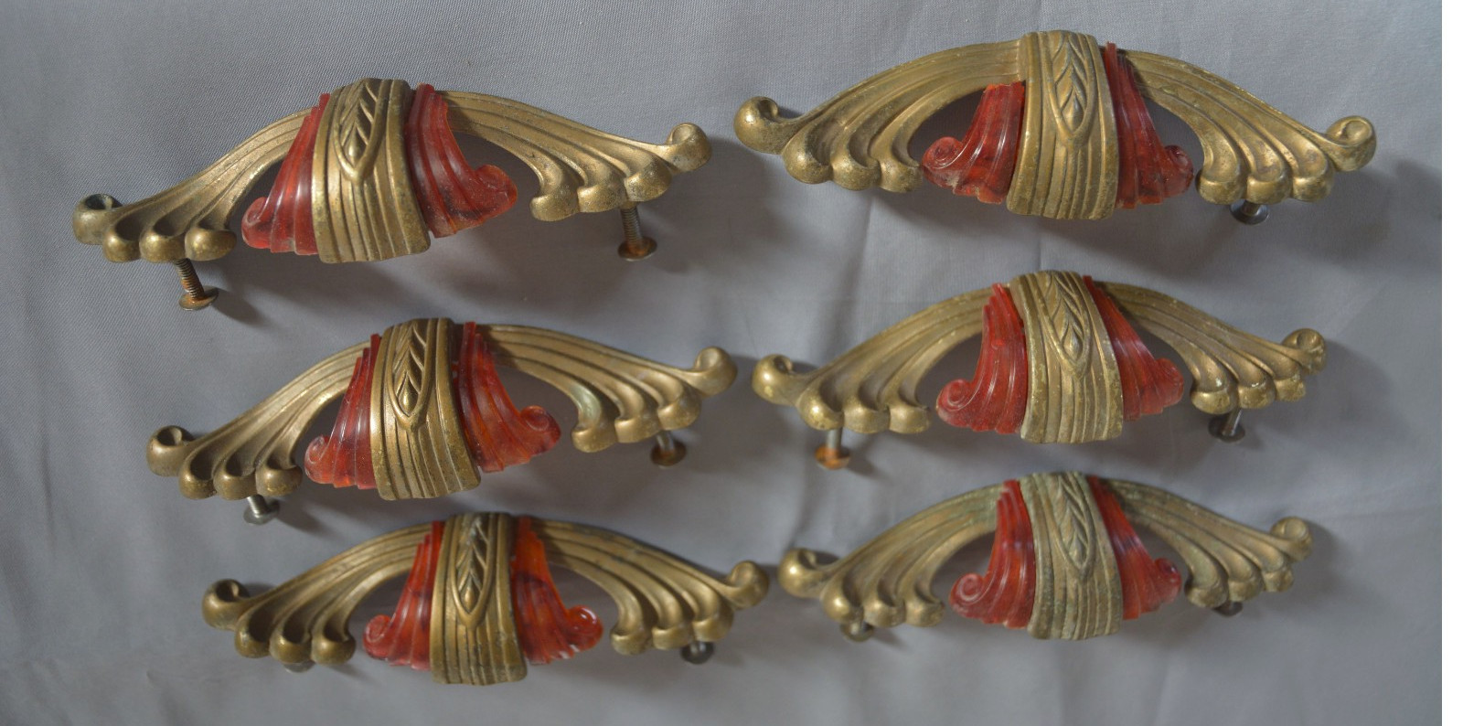 GREAT SET 6 ANTIQUE VINTAGE ART DECO DRESSER METAL DRAWER PULLS W BAKELITE