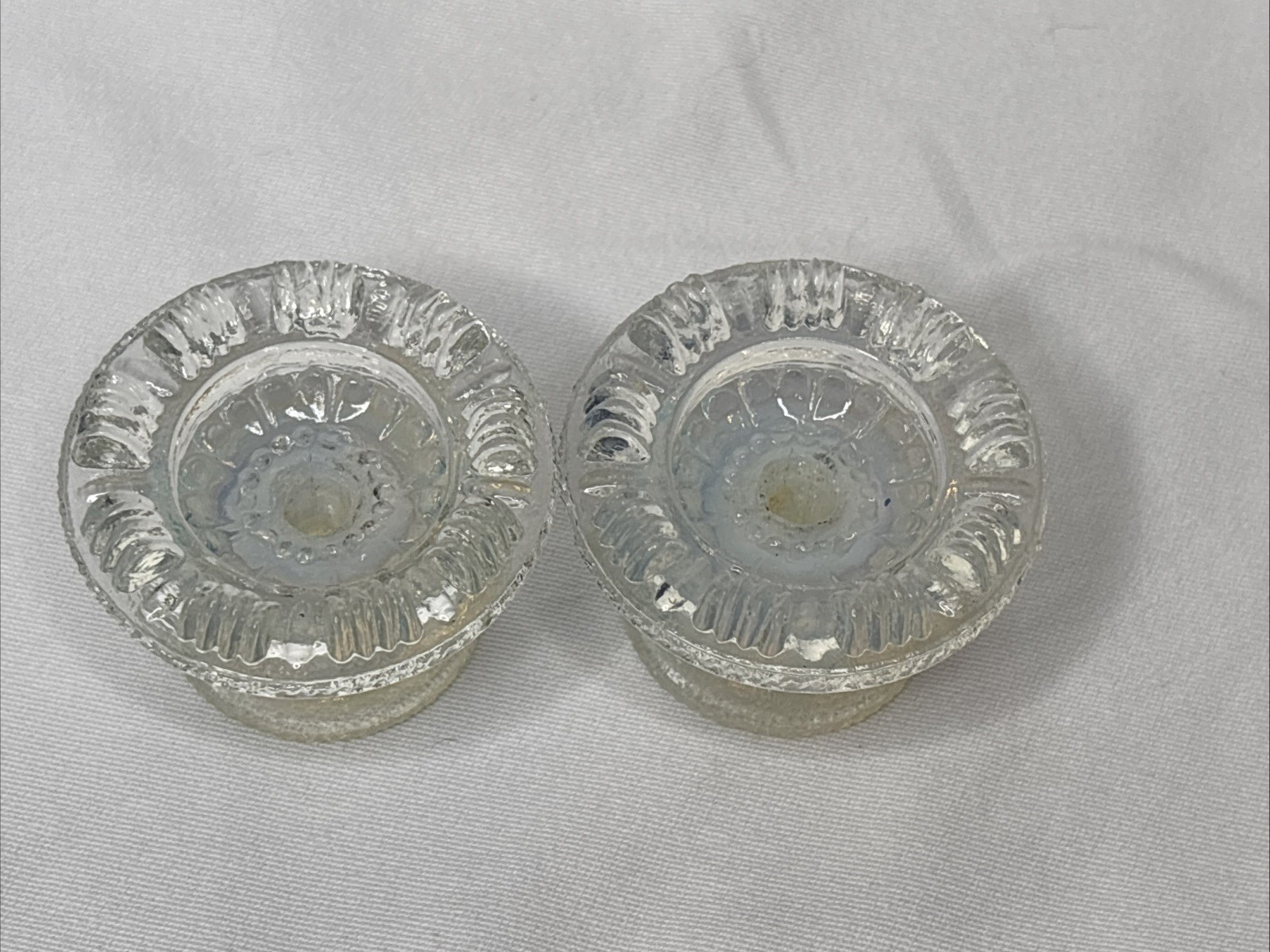 2 Antique Boston Sandwich Glass Floral Clam Broth Drawer Pulls 2” Iridescent