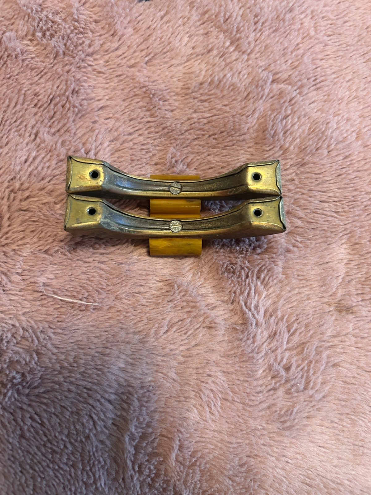 Vintage Art Deco Brass Drawer Pulls w/ Butterscotch Bakelite 4″ Set of 2