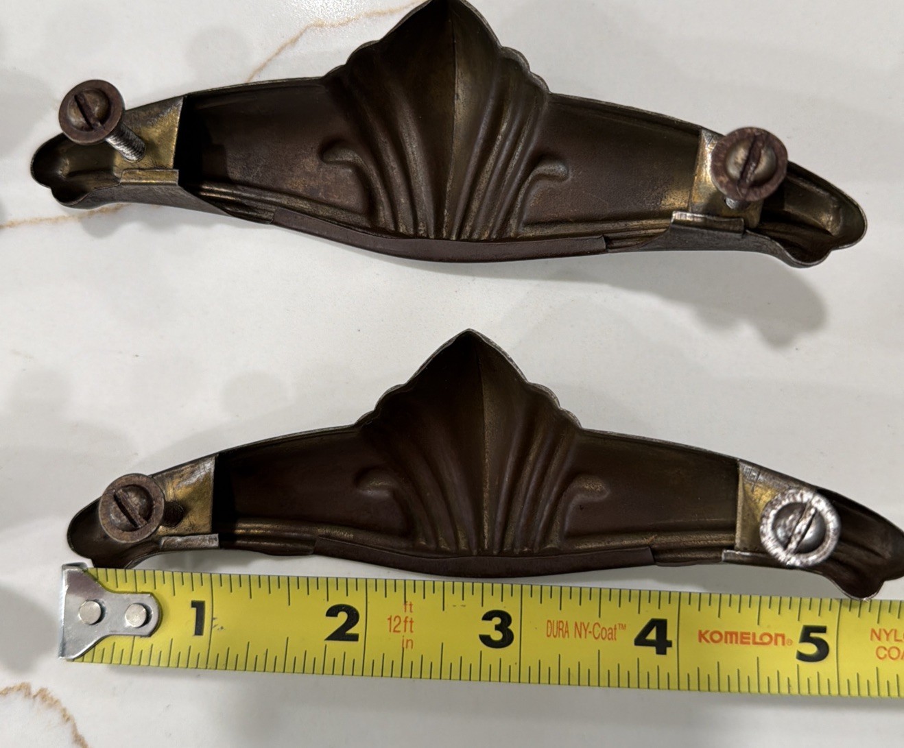 Set of 6 Vintage Art Deco Drawer Pull Handles Copper/Bronze Tone Stamped Steel