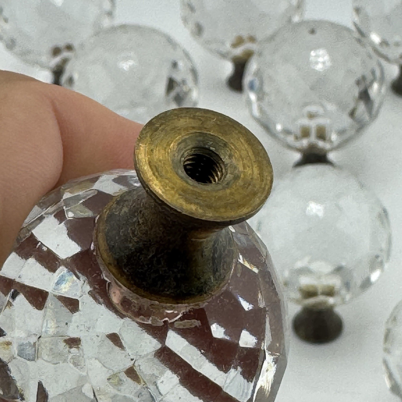 Lot 23 VTG 1930’s Faceted Glass Crystal Drawer Pulls Brass Cabinet Knobs 3 Sizes