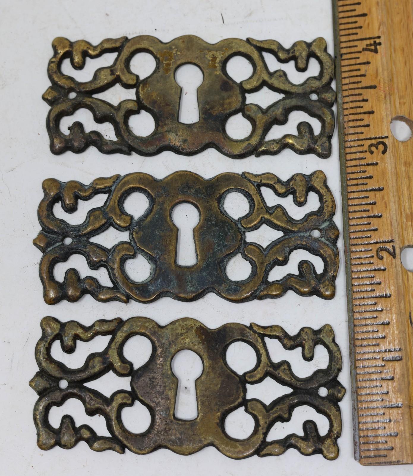14-Pce Set Antique GRB Brass Bar Drawer Pulls Handles, Key, Locks, & Escutcheons